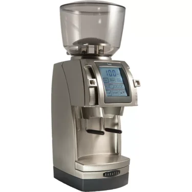 The Baratza Forte AP All Purpose Commercial Coffee Grinder features ceramic burrs, a stainless steel build, a clear bean hopper, and a digital touchscreen for precision settings. © 2025 1st-line.com