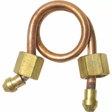 The Bezzera 5162235LL Pressurestat Pipe is a coiled copper tube with brass fittings, designed as a pigtail for linking gas cylinders or equipment. © 2025 1st-line.com