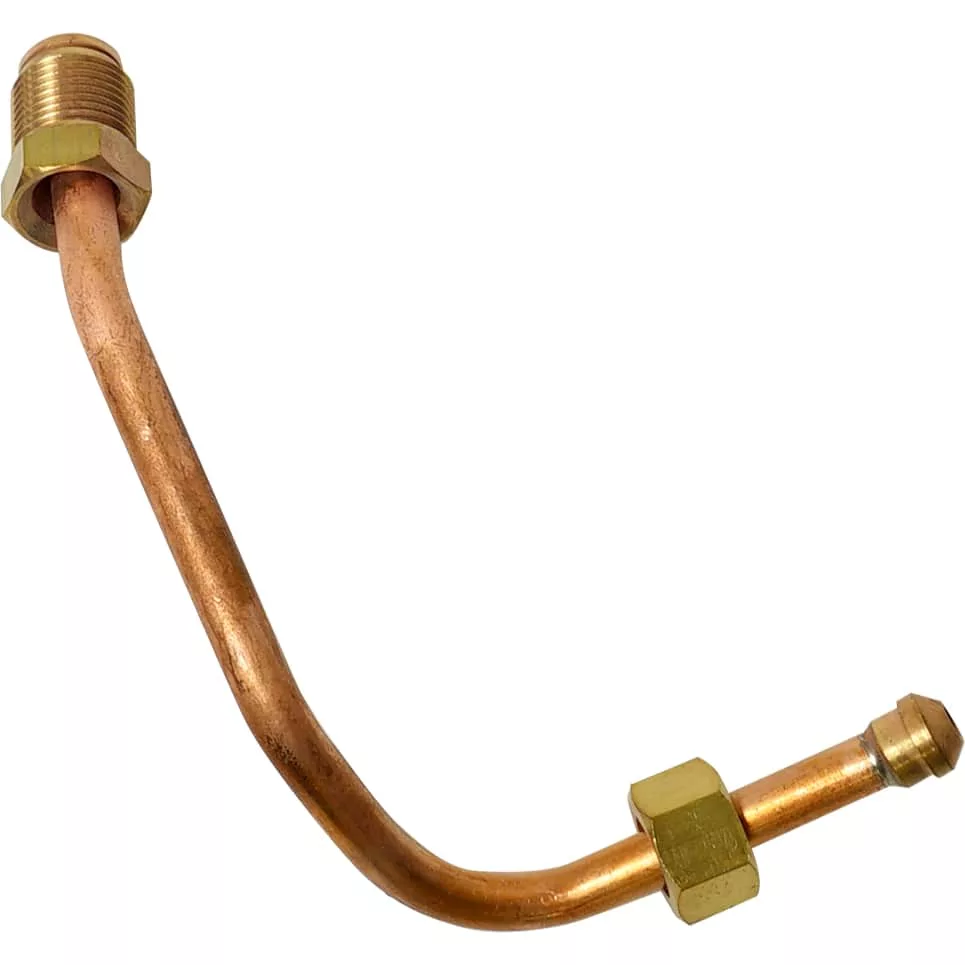 The Bezzera 5164067.01LL Upper Heating Pipe, a bent copper pipe with brass fittings on each end, is pictured against a white background. © 2025 1st-line.com