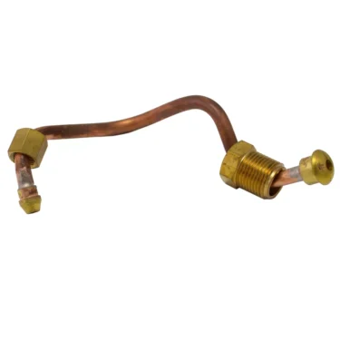The Bezzera 5164079LL Upper Boiler Heating Pipe is a bent copper pipe with brass fittings on each end—one with a hexagonal coupling, the other with a threaded connector—shown on a white background. © 2025 1st-line.com