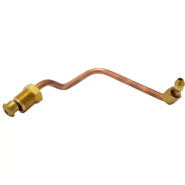 The Bezzera 5164079LL Upper Boiler Heating Pipe is copper with angled bends and brass fittings—one end has a large threaded fitting, the other a smaller hexagonal one—for secure connections. OEM part: 5164079LL. © 2025 1st-line.com