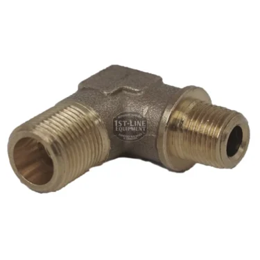 The Bezzera 5301504TR Union Elbow 1/8G x M12 OT is a brass 90-degree pipe fitting with threaded male ends, ideal for plumbing or equipment connections. It features a metallic finish and the part number stamped on the side. © 2025 1st-line.com