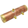 The Bezzera 5320519BL Boiler for Unica is a cylindrical copper manifold with brass fittings and threaded pipe connections, shown on a white background. © 2025 1st-line.com
