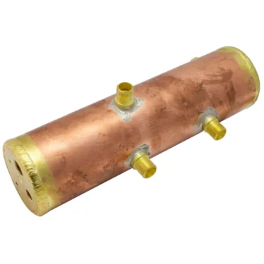 The Bezzera 5320519BL Boiler for Unica is a cylindrical copper manifold with brass fittings and threaded pipe connections, shown on a white background. © 2025 1st-line.com