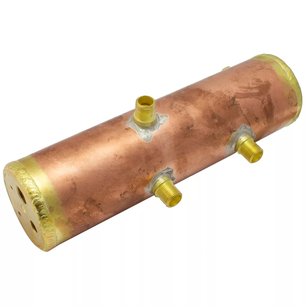 The Bezzera 5320519BL Boiler for Unica is a cylindrical copper manifold with brass fittings and threaded pipe connections, shown on a white background. © 2025 1st-line.com