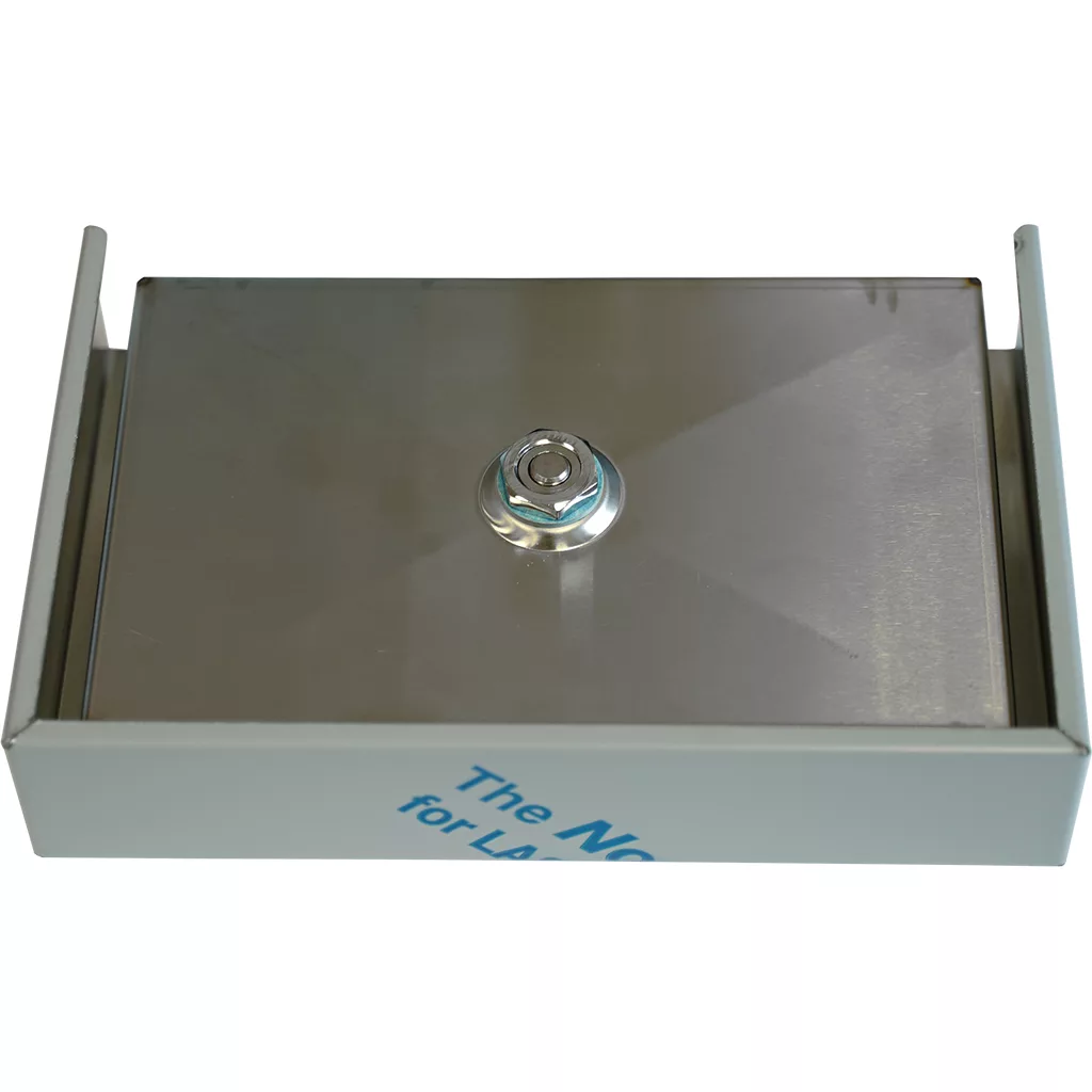 The Bezzera 5340510 Drip Tray is a rectangular metal box with a shiny flat top and central knob, displaying blue text on the front—perfect for enhancing your espresso machine setup. © 2025 1st-line.com