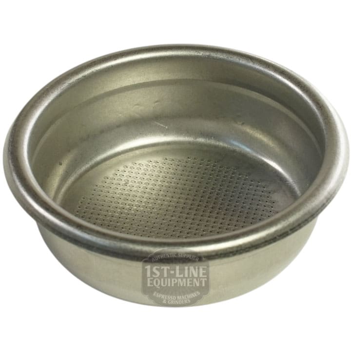 The Bezzera 5471021.01 58mm 2-Cup Filter Basket w/ Run Channel features small bottom holes and fits many espresso machines, making it ideal for holding ground coffee during brewing. © 2025 1st-line.com