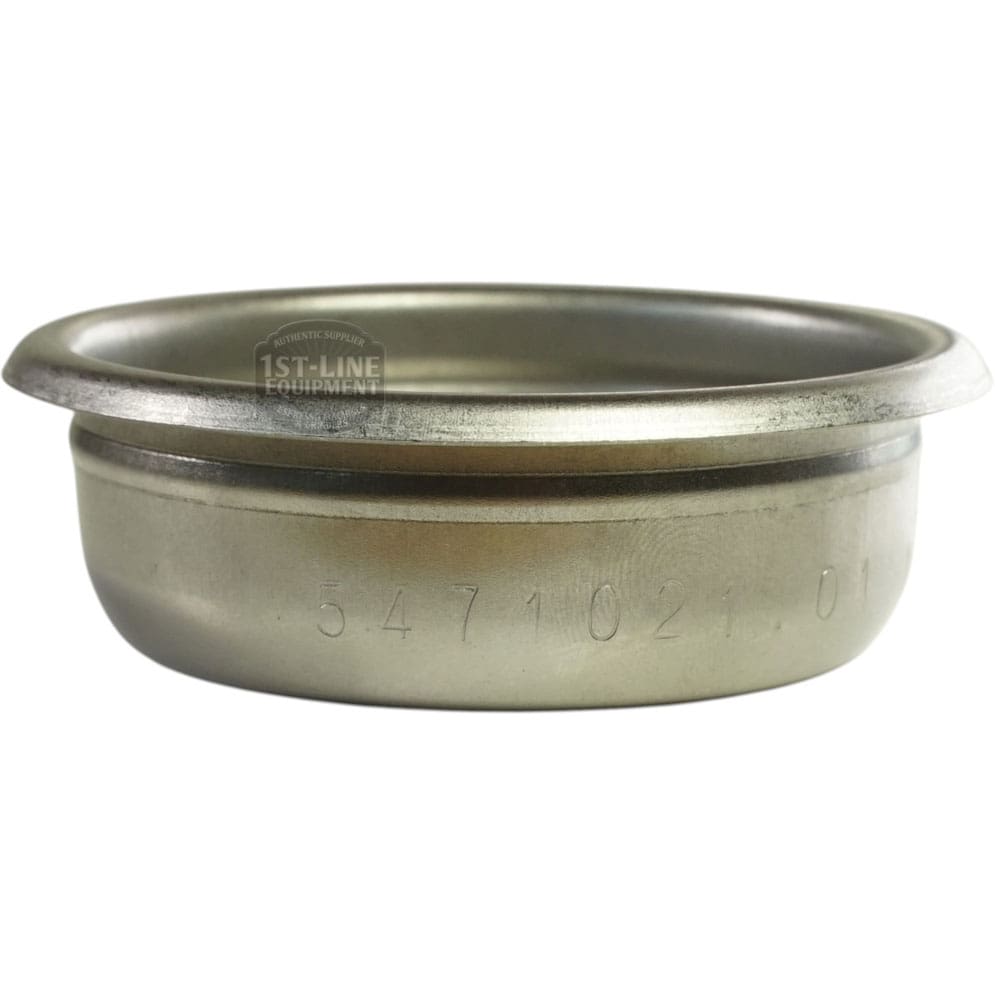 The Bezzera 5471021.01 is a 58mm, 2-cup filter basket with a run channel, featuring a smooth metallic surface and engraved model number—suitable for most 58mm espresso machines. © 2025 1st-line.com