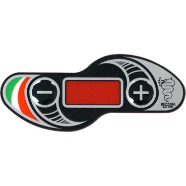 The Bezzera 5522074 Adhesive Emblem for Unica is a black and silver control panel with a red digital screen, plus/minus buttons, Italian flag colors on the left, and a Bezzera logo with snake emblem on the right. © 2025 1st-line.com