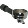 The Bezzera 5965557 1 Cup Filter Holder for BZ07 / Crema features a black handle and angled design, showcasing the filter basket and spout—ideal for pulling rich crema from your espresso machine. © 2025 1st-line.com
