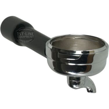The Bezzera 5965557 1 Cup Filter Holder for BZ07 / Crema features a black handle and angled design, showcasing the filter basket and spout—ideal for pulling rich crema from your espresso machine. © 2025 1st-line.com