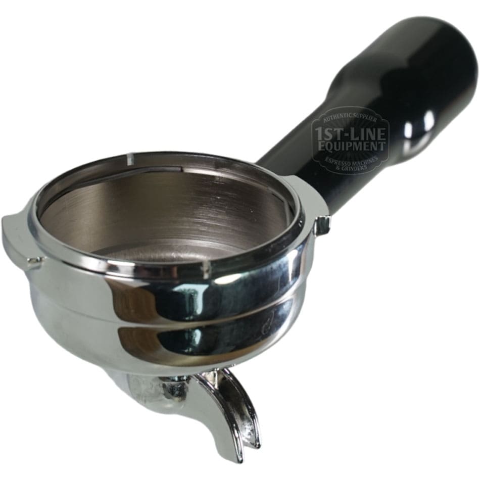 The Bezzera 5965557 1 Cup Filter Holder for BZ07 / Crema is a metal espresso portafilter with a black handle, shown on a white background. © 2025 1st-line.com