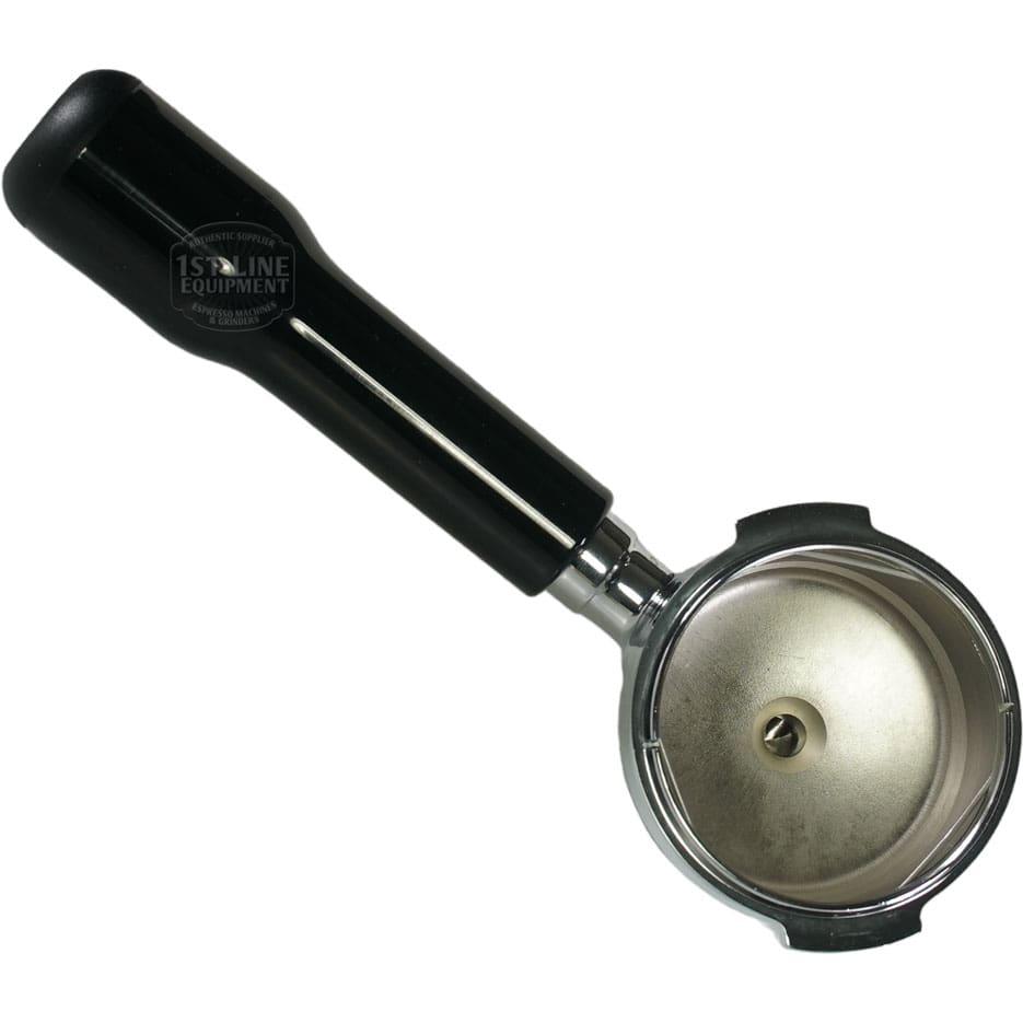 The Bezzera 5965557 1 Cup Filter Holder for BZ07 / Crema, with a black handle and metal filter basket, is shown from above on a white background. © 2025 1st-line.com