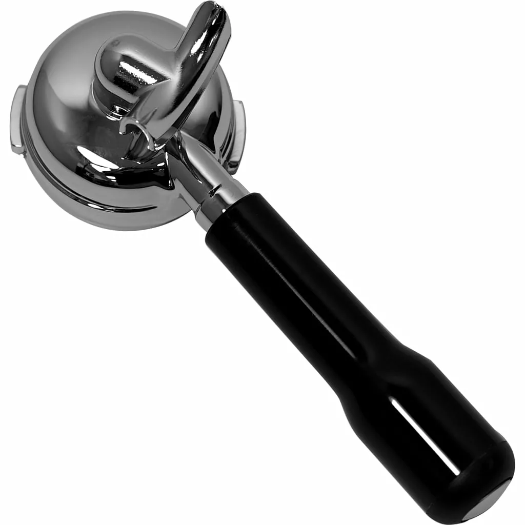 The Bezzera 5965582R 2-Cup 58mm Portafilter Assembly features a shiny chrome finish and a black handle, shown on a white background. © 2025 1st-line.com