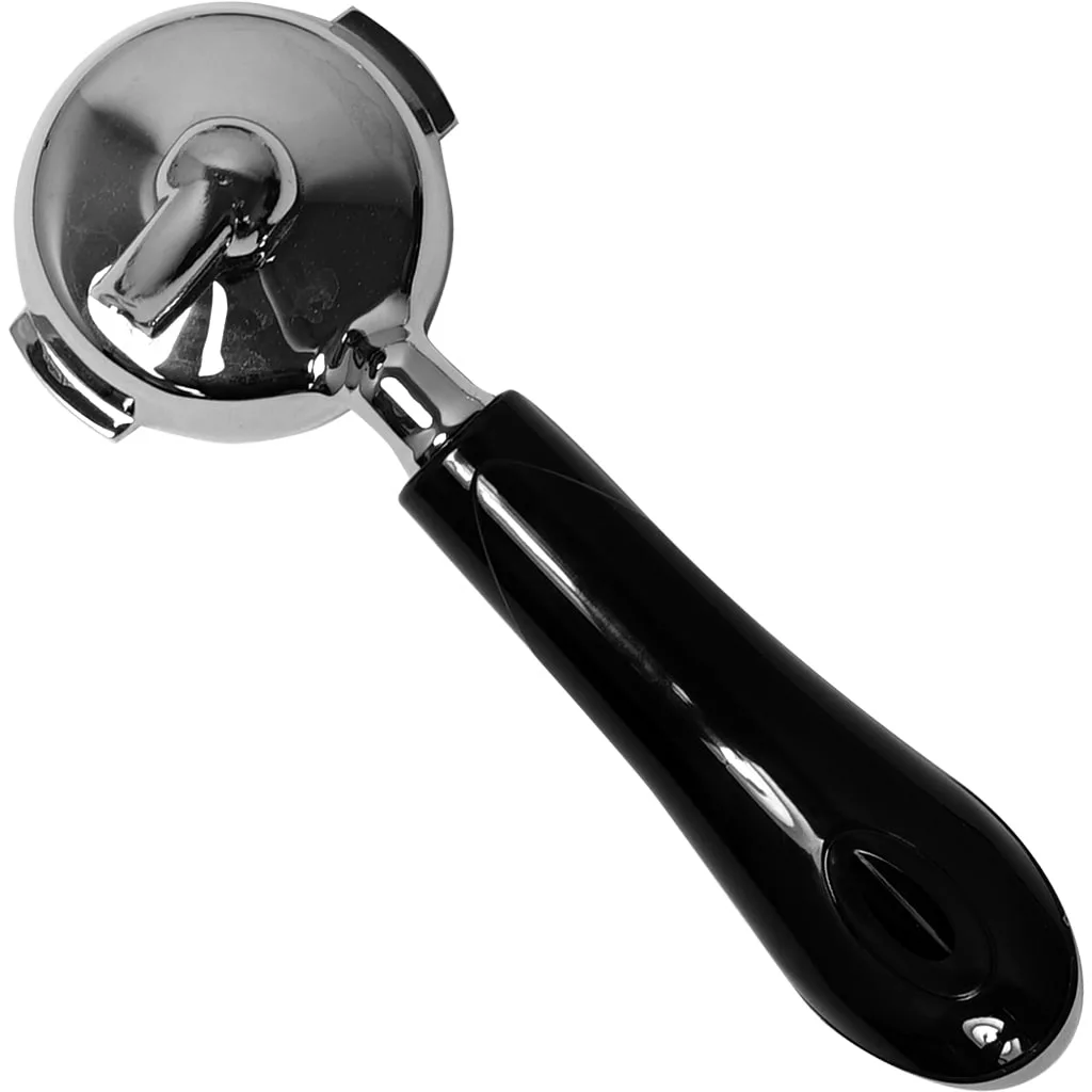 The Bezzera 5965588.02R 1-Cup 58mm Portafilter Assembly features a shiny silver basket and a black ergonomic handle, photographed on a white background. © 2025 1st-line.com