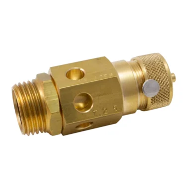 The Bezzera 7452510.02R Boiler Safety Valve for Magica features a hexagonal body, threaded male end, knurled cap with circular openings, and a small metal pin—ideal for Magica espresso machines. © 2025 1st-line.com