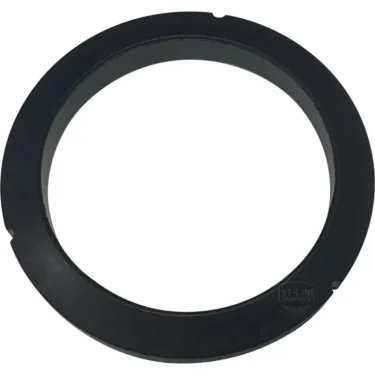 The Bezzera 7493008 OEM Portafilter Gasket H 9.3 NBR 90SH is a black, circular metal gasket with a smooth surface and small notch, perfect for Bezzera machines and shown against a white background. © 2025 1st-line.com