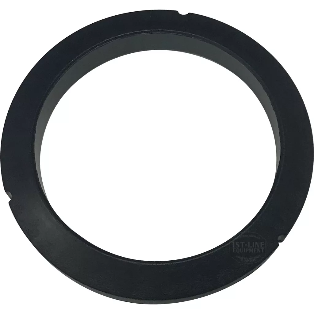 The Bezzera 7493008 OEM Portafilter Gasket H 9.3 NBR 90SH is a black, circular metal gasket with a smooth surface and small notch, perfect for Bezzera machines and shown against a white background. © 2025 1st-line.com