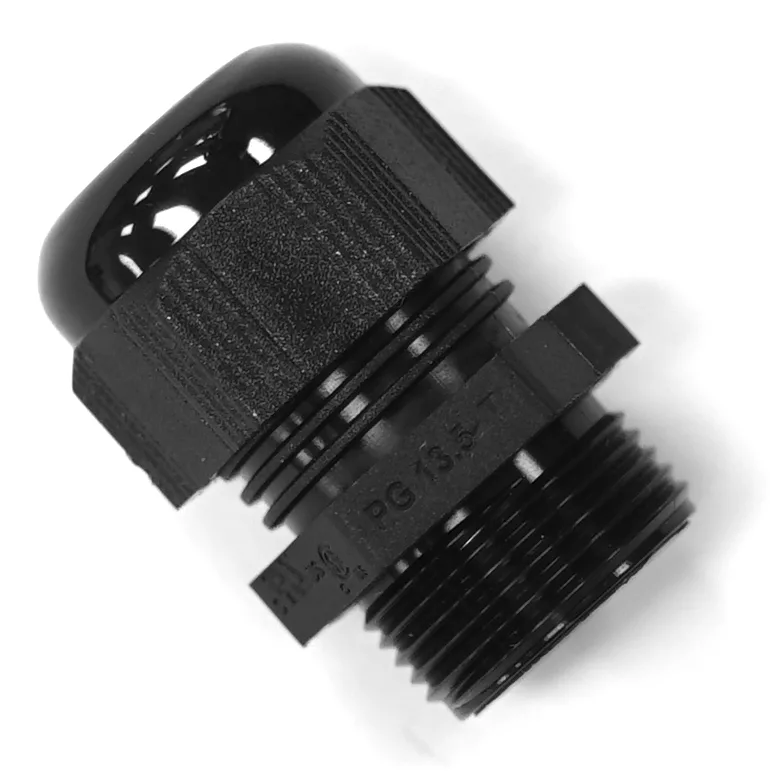 The Bezzera 7614007 Cable Press PG 13.5 is a black plastic cable gland with a ribbed body, domed cap, and threaded PG 13.5 base for securing and sealing electrical cables entering enclosures. © 2025 1st-line.com