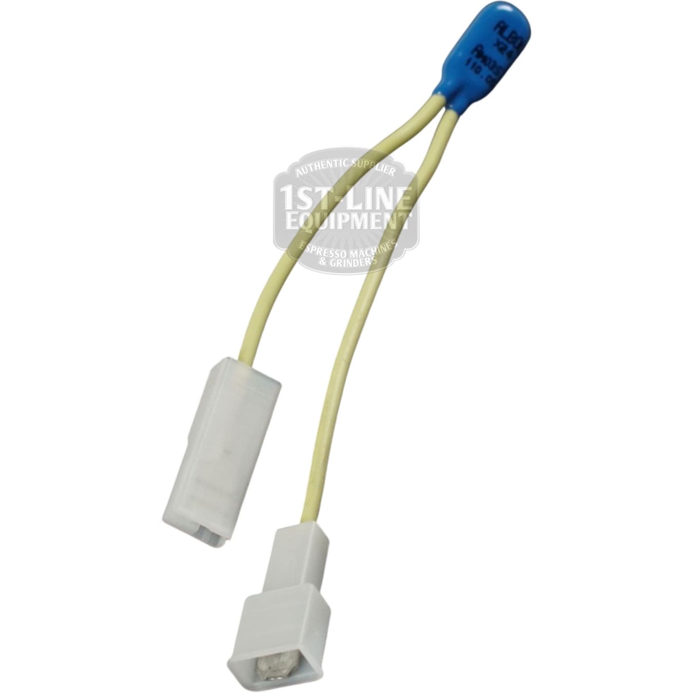 The Bezzera 7634816 Automatic Thermic Safety Device 100 °C is a blue cylindrical capacitor with two yellow wires ending in white plastic connectors, rated for up to 100 °C. © 2025 1st-line.com