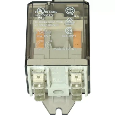 The Bezzera 7635418 Relay - 110V, 16A is a transparent industrial relay labeled “IND. CONT. EQ.” with visible components, electrical ratings, and socket compatibility instructions on its top side. © 2025 1st-line.com