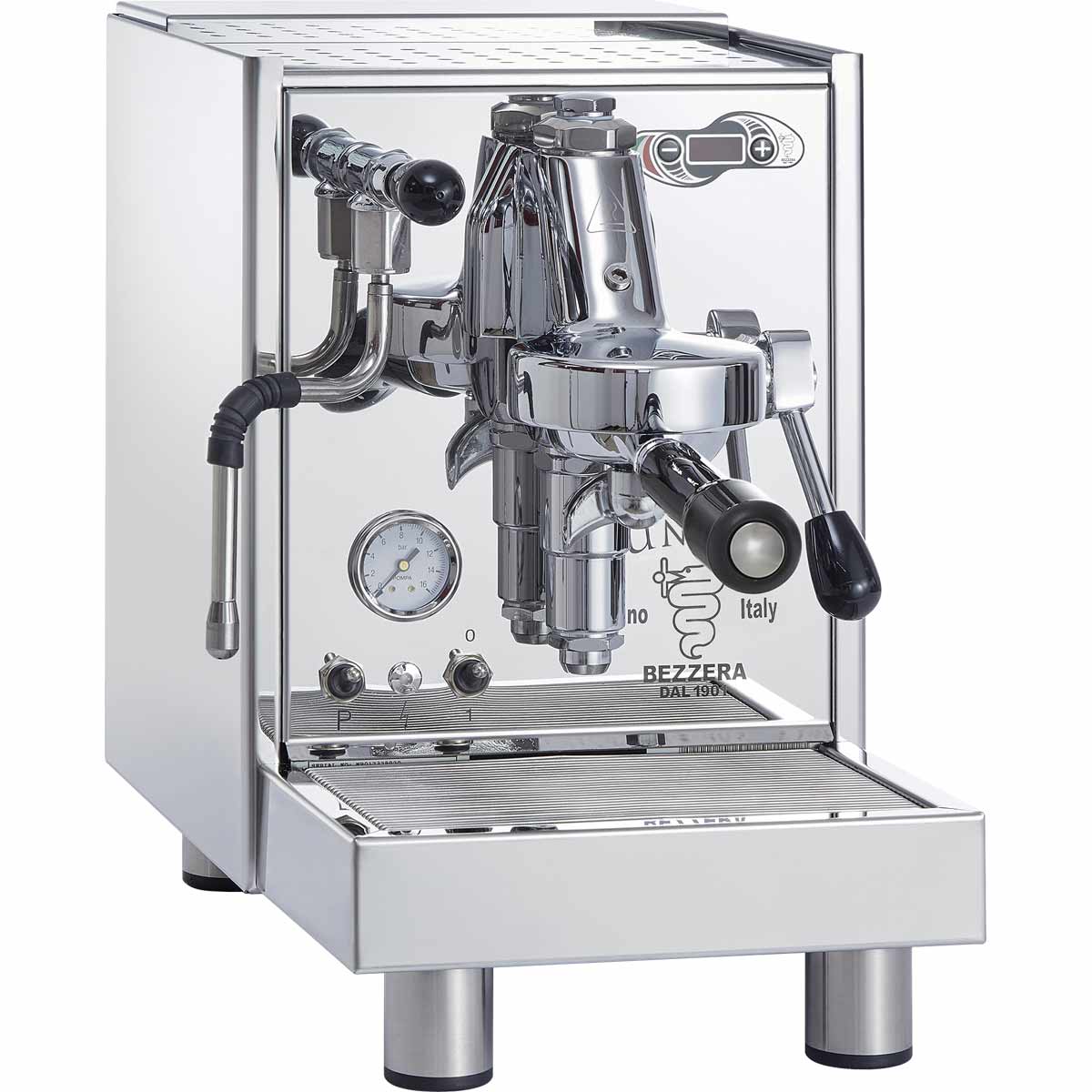 The Bezzera Unica Espresso Machine features a stainless steel design, steam wand, pressure gauge, digital display, and front-access levers and knobs for easy coffee preparation. The Bezzera logo is displayed on the front. © 2025 1st-line.com