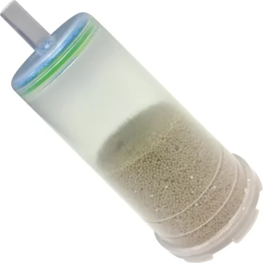 The BILT In Tank Rechargeable Water Softener / Particle Filter is a transparent cylindrical cartridge with a mouthpiece, contains small round beads and colored rings near the top, and is designed for in-tank use. © 2025 1st-line.com