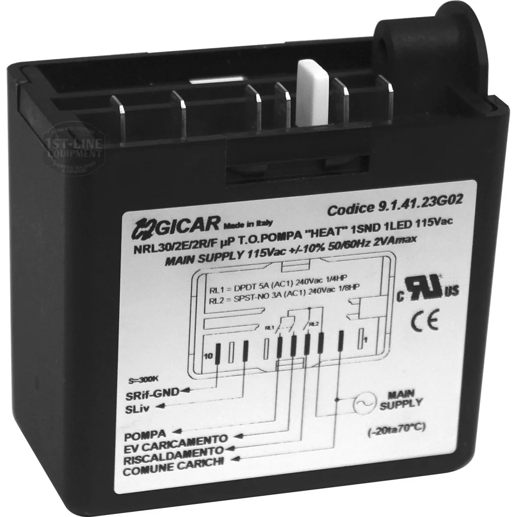 The black and white Gicar 7661037R Brain Unit - 9.1.41.23G02 for Bezzera BZ07 (115V, 1 probe) features an electronic control module with front panel specs and top connectors, plus a wiring diagram included. © 2025 1st-line.com