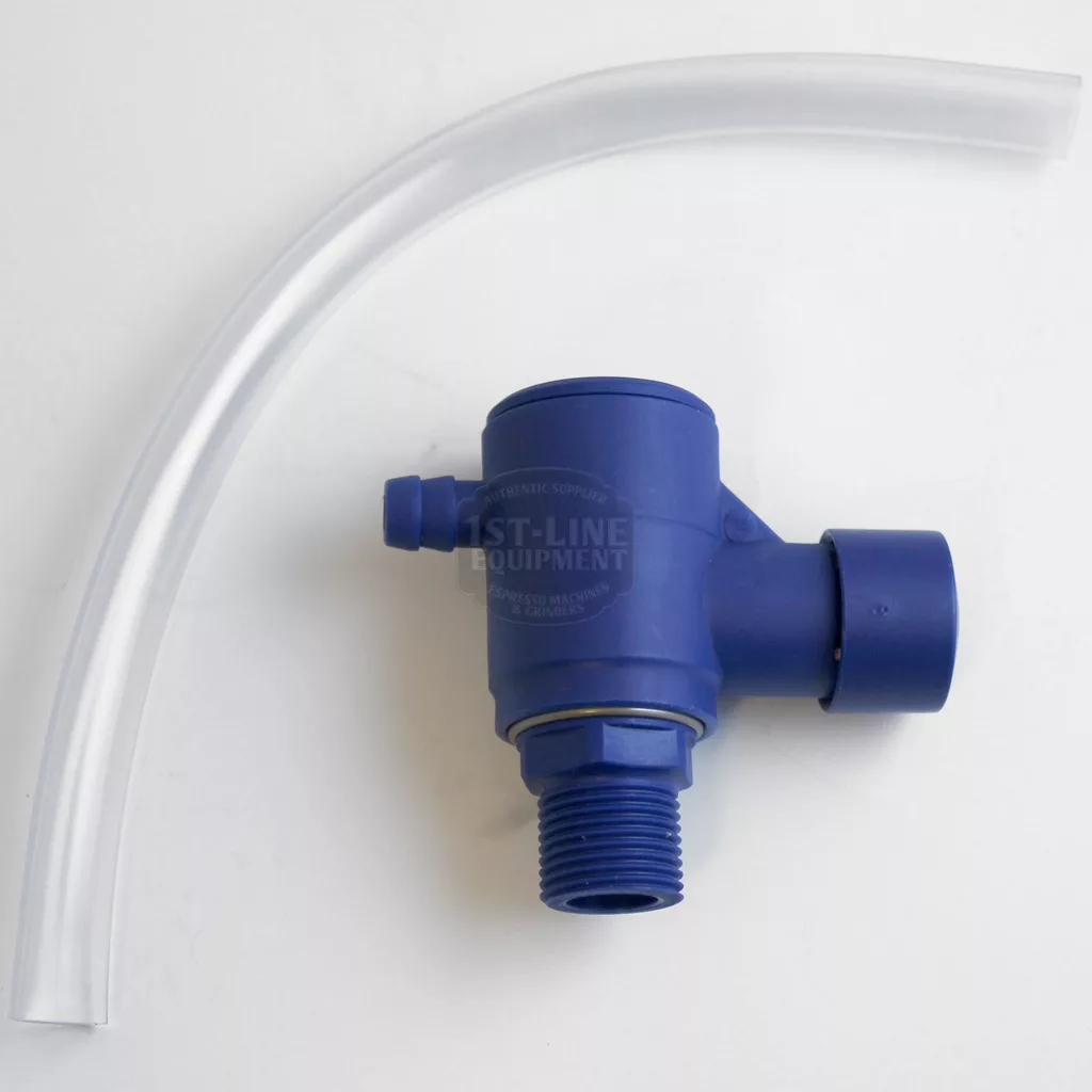 The BWT 3 Way Flush Valve for Single Cartridges, a blue plastic valve with threaded ends and a side outlet, is shown next to a curved transparent tube on a white background. © 2025 1st-line.com