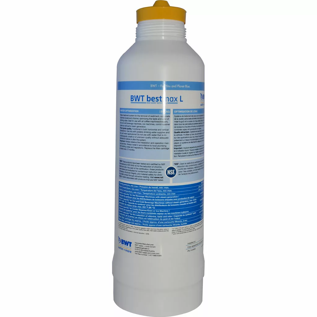 The BWT Bestmax -L-Cartridge, Single is a white cylindrical water filter with blue and black text, detailed instructions, and a yellow cap on top. © 2025 1st-line.com