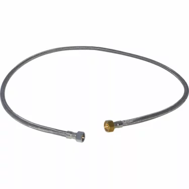 The BWT Connection Hose 3/8 Compression x 3/8 British is a flexible braided metal hose with one silver and one brass hexagonal fitting, shown isolated on a white background. © 2025 1st-line.com