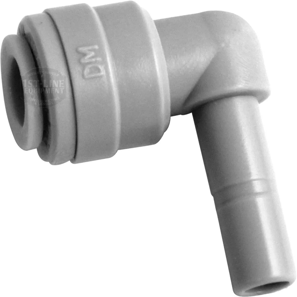The BWT Elbow ╪1/4 x ╪1/4 is a gray plastic fitting with a push-to-connect and barbed 1/4 inch end, designed to join tubing at a 90-degree angle in plumbing or fluid systems. © 2025 1st-line.com