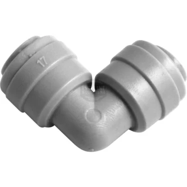 The BWT Elbow ╪1/4F x ╪1/4F is a gray plastic 90-degree plumbing connector with two push-to-connect ends for joining 1/4 fittings, pipes, or tubing. © 2025 1st-line.com