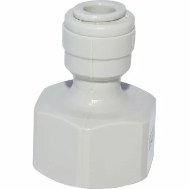 The BWT Reduction FM 3/8 x ╪ 1/4 is a white plastic adapter with a hexagonal base and push-to-connect top, ideal for plumbing or water filtration, compatible with FM 3/8 and 1/4 fittings. © 2025 1st-line.com