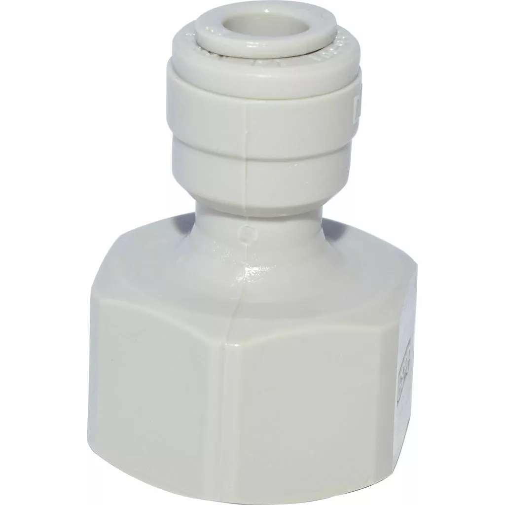 The BWT Reduction FM 3/8 x ╪ 1/4 is a white plastic adapter with a hexagonal base and push-to-connect top, ideal for plumbing or water filtration, compatible with FM 3/8 and 1/4 fittings. © 2025 1st-line.com