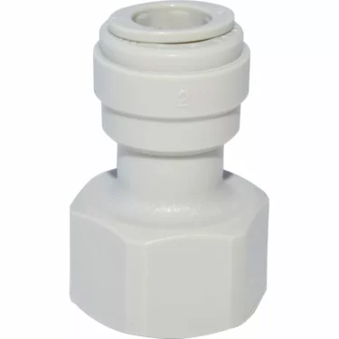 The BWT Reduction FM 3/8 x ╪ 3/8 is a white plastic push-fit plumbing connector with a hexagonal base and rounded top, designed to securely join pipes or tubes in various water systems. © 2025 1st-line.com