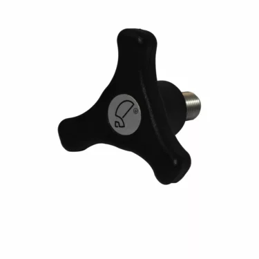 The Caffemotive ACMAN0001X00 Top Knob is a black, three-pronged plastic knob with a threaded metal insert and a circular logo in the center, displayed on a plain white background. © 2025 1st-line.com