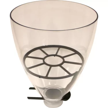 The Ceado - Hopper for E92 with Shutter is a clear plastic, funnel-shaped hopper featuring a black circular grate and bottom spout, designed for efficient dispensing or filtering in Ceado E92 equipment. © 2025 1st-line.com