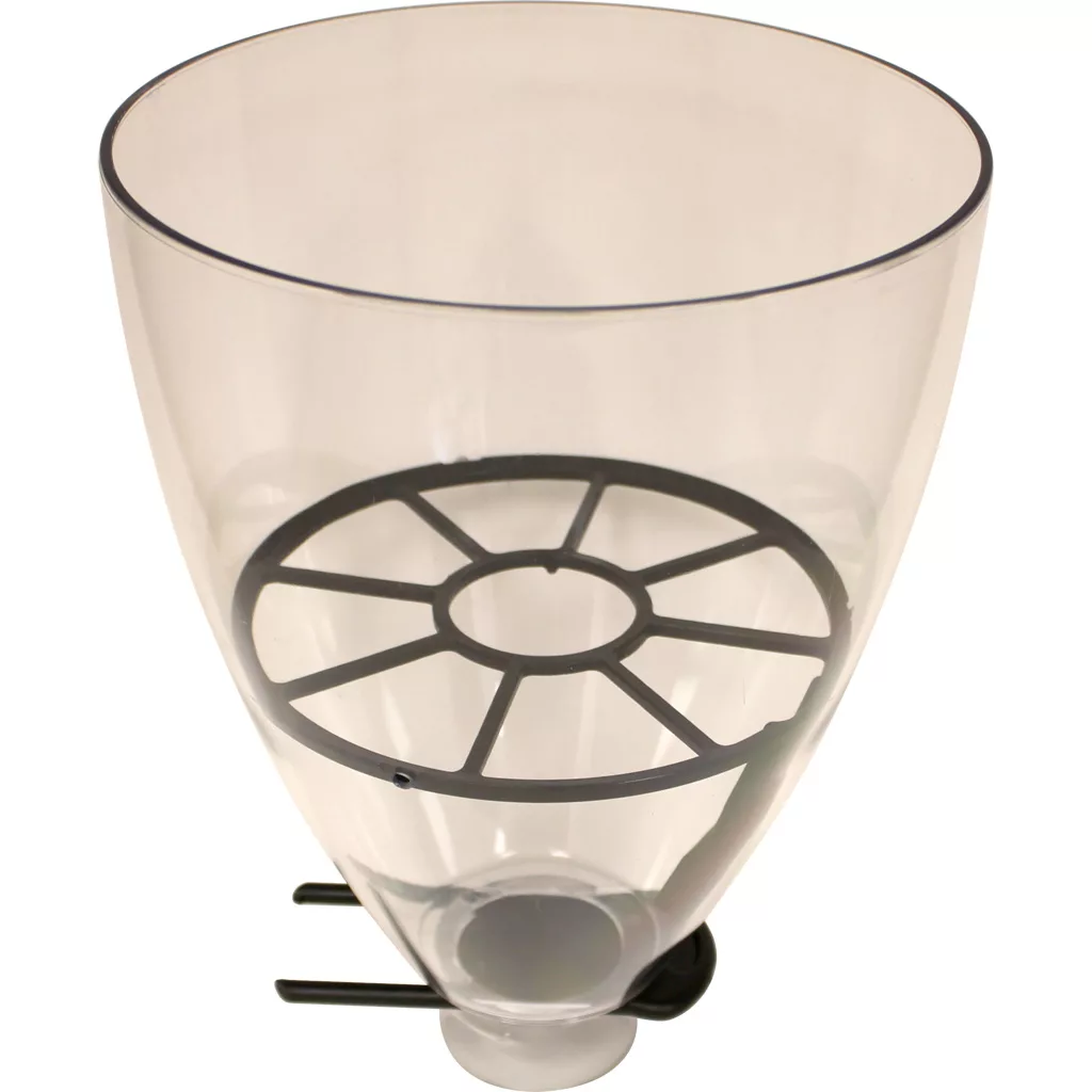 The Ceado - Hopper for E92 with Shutter is a clear plastic, funnel-shaped hopper featuring a black circular grate and bottom spout, designed for efficient dispensing or filtering in Ceado E92 equipment. © 2025 1st-line.com