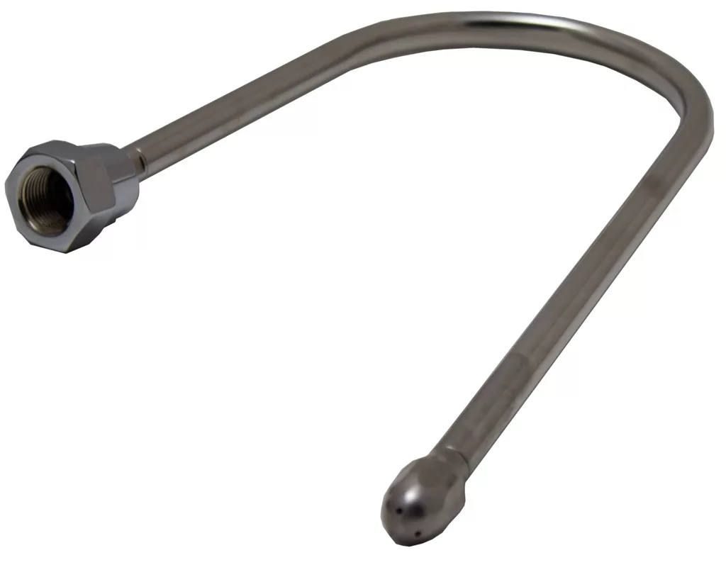 The DISCONTINUED ACS VEN0007 Steam Wand features a metallic U shape, threaded hexagonal fitting on one end, and a rounded, capped tip with small holes—ideal for plumbing or industrial applications. © 2025 1st-line.com
