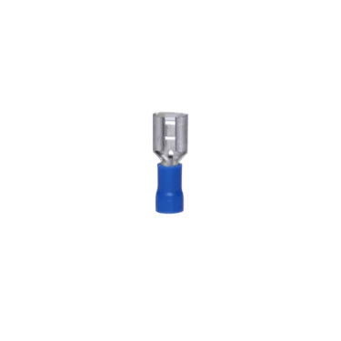 The DISCONTINUED Ascaso 6.3mm Protected Terminal is a blue insulated female spade electrical connector, ideal for joining or terminating wires, shown isolated on a white background. © 2025 1st-line.com