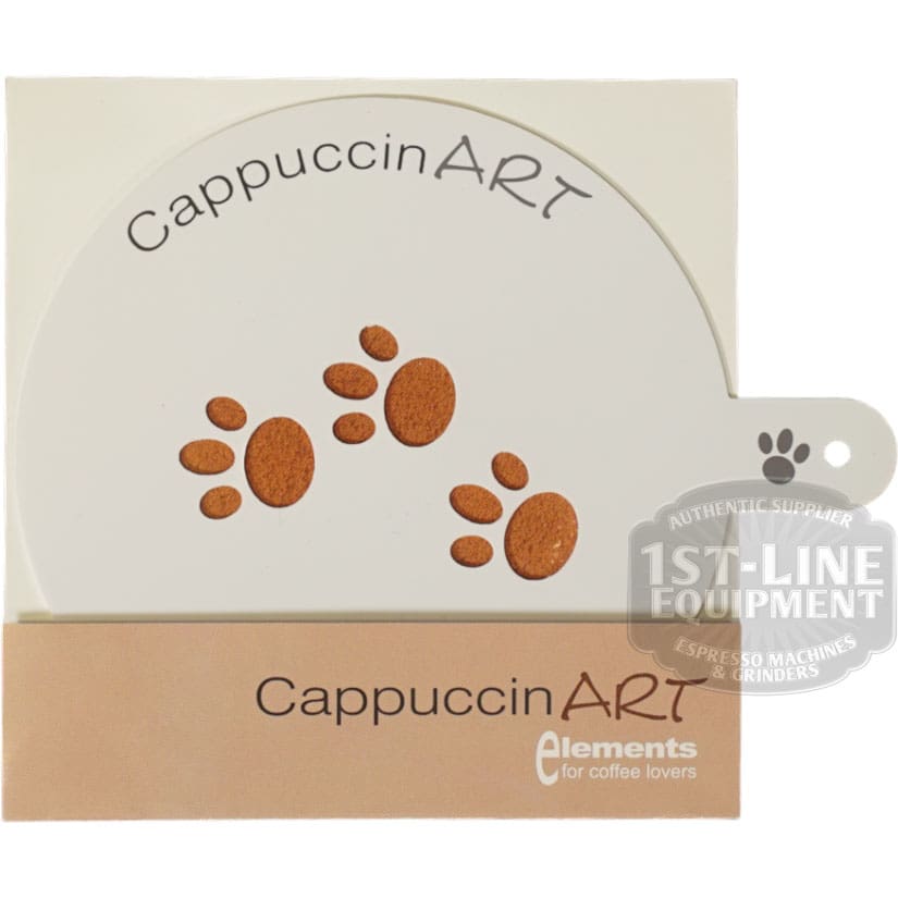The DISCONTINUED Ascaso CappuccinART Latte Art Paw Print Pattern stencil in pale beige and brown features a paw print for latte art, with Elements for coffee lovers text—ideal for coffee decoration. © 2025 1st-line.com