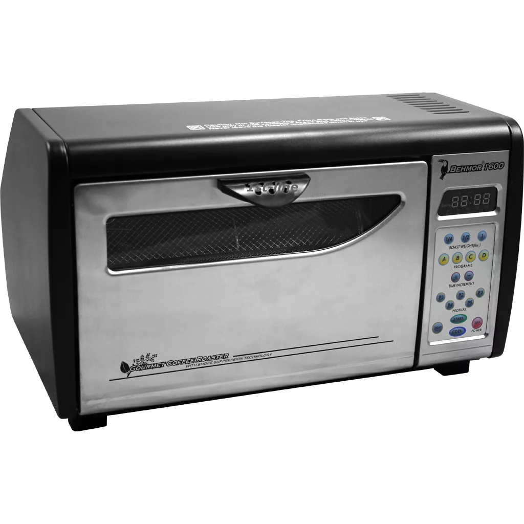 The DISCONTINUED Behmor 1600 Plus Coffee Roaster has a black and silver design, transparent front window, digital display, and colored control buttons on the right side for precision. © 2025 1st-line.com