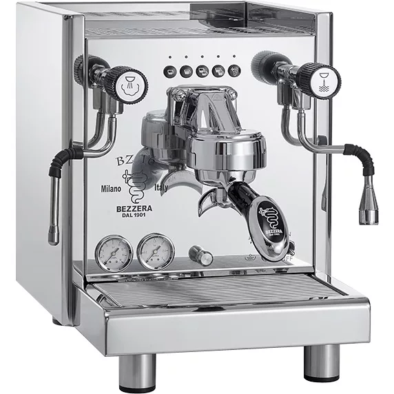The DISCONTINUED Bezzera BZ16 DE HX Espresso Machine features a modern angular design, two steam wands, gauge dials, black handles, and a shiny stainless steel body with “Bezzera” branding on the front panel. © 2025 1st-line.com