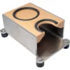 The DISCONTINUED Concept Art Wood Tamping Station features wood and metal construction, rubber-lined circular and semicircular grooves for secure holding, and four black rubber feet for stability. © 2025 1st-line.com