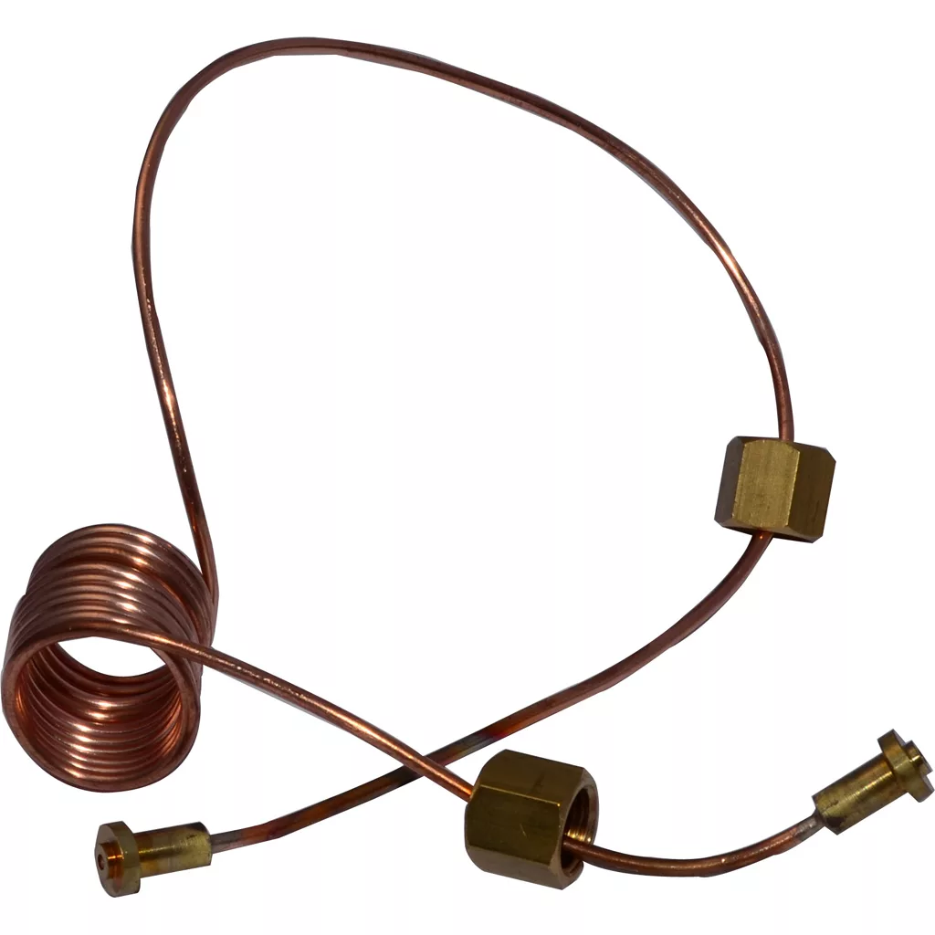 The DISCONTINUED ECM P6051 Pump Pressure Gauge Capillary Pipe (1M, 1/8) with brass fittings is pictured on a plain white background. Suitable for plumbing or refrigeration applications. © 2025 1st-line.com