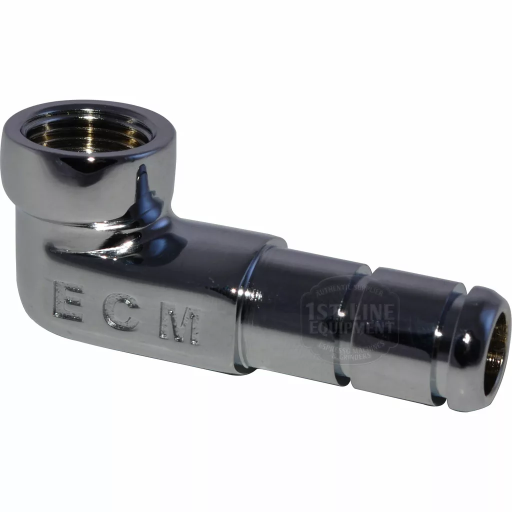 The discontinued ECM P7020 Drip Tray Drain Elbow is a chrome-plated fitting with threaded openings at both ends, ideal for drip tray connections and marked with ECM P7020 on the side. © 2025 1st-line.com