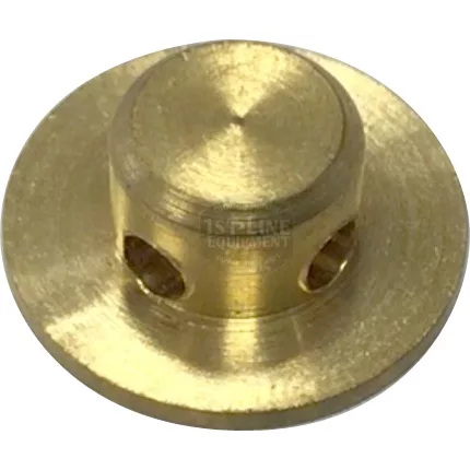 The DISCONTINUED ECM R000002148 E61 Grouphead Lower Sprayer is a round, flat, gold-colored brass jet with a raised center and two side holes, typically used in ECM E61 Grouphead plumbing or appliance fittings. © 2025 1st-line.com