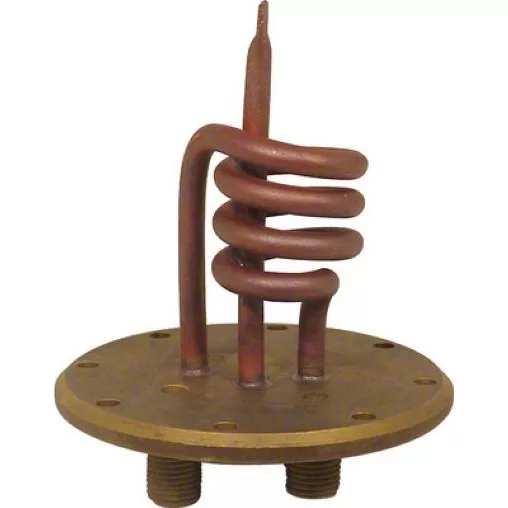 The discontinued Elektra 02983011 110V Flanged Heating Element for Semi Automatica machines features a coiled tube on a round flange with two threaded pipe connections below. © 2025 1st-line.com