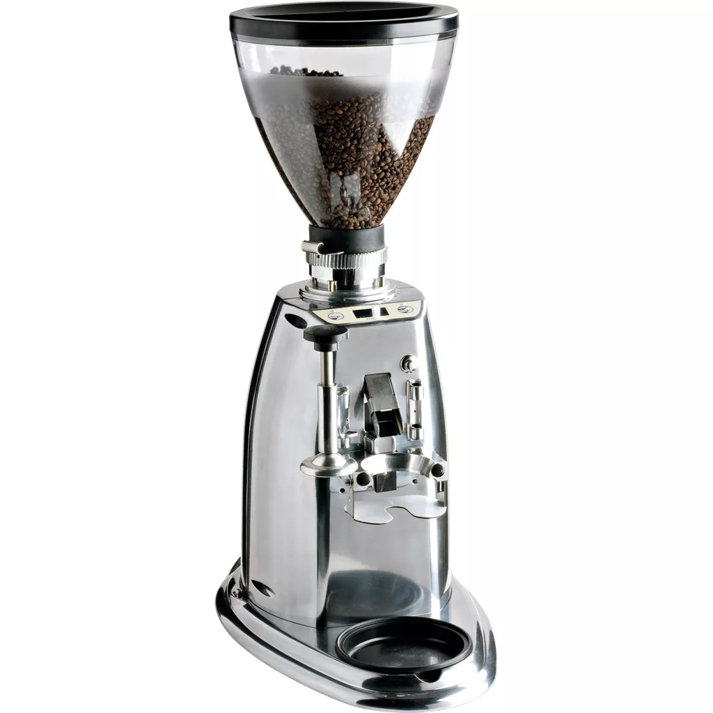 The DISCONTINUED Elektra Nino Instant Commercial Espresso Grinder features a polished aluminum finish, transparent hopper with beans, front portafilter holder, and multiple controls for commercial espresso use. © 2025 1st-line.com